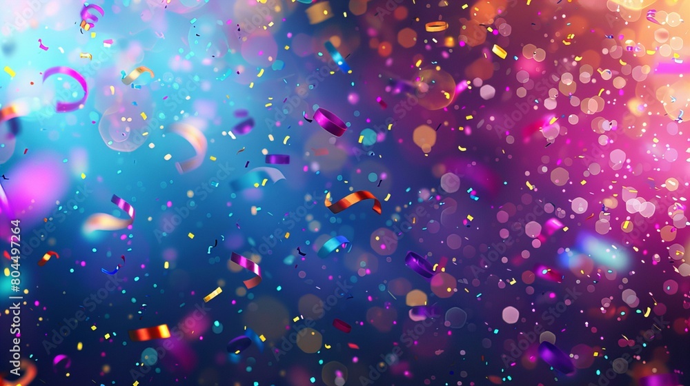 An enchanting and vivid display of floating sparkles and confetti in a dreamy, multicolored bokeh background, ideal for conveying festive joy and magical moments,celebration concept