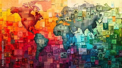 Illustrate an abstract mosaic of currency notes from around the world  with each piece flowing into a series of financial charts  highlighting the global interconnectedness of markets.