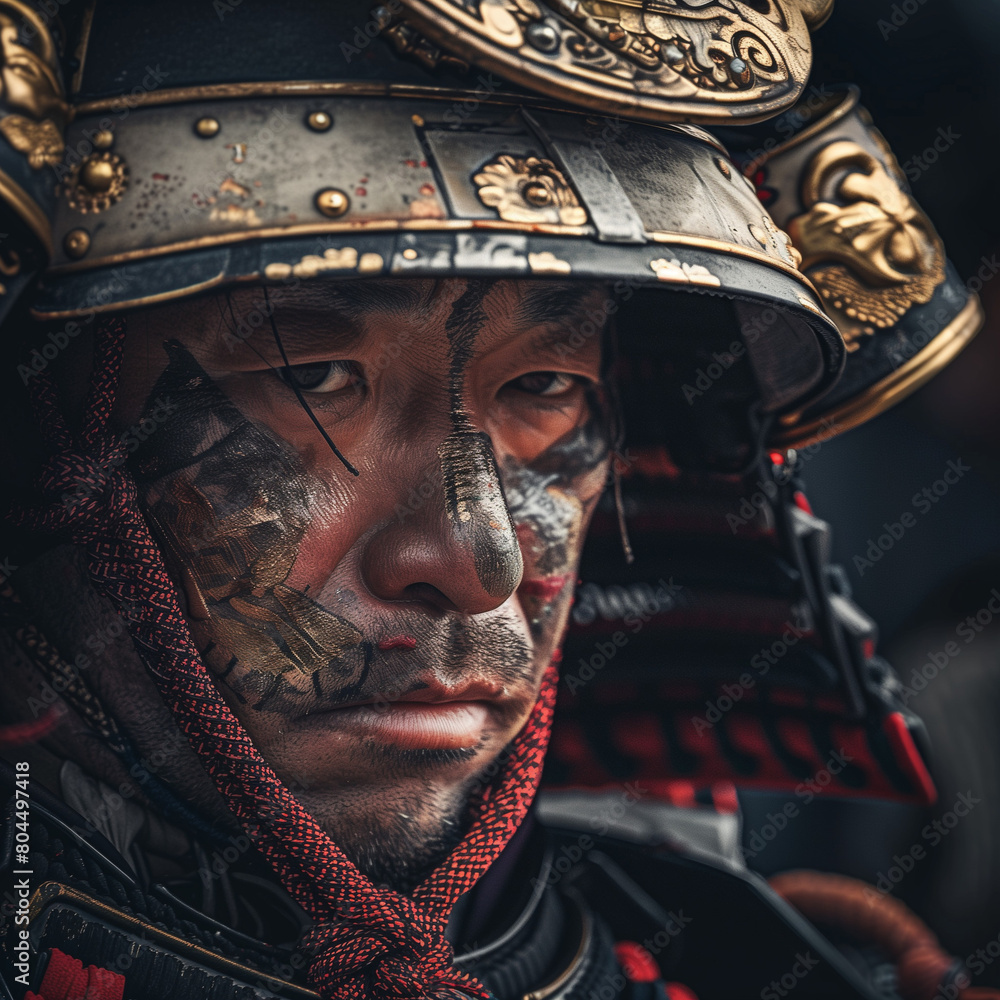 Close-up Portrait of a Samurai Warrior in Traditional Armor Close-up Portrait of a Samurai Warrior in Traditional Armor