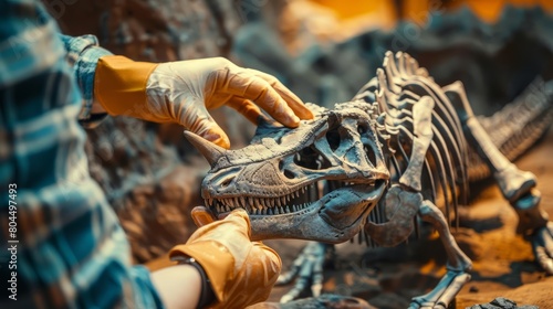 A paleontologist carefully examines a dinosaur skeleton in a museum © JK_kyoto