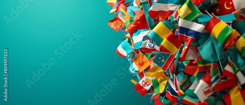 A group of colorful flags of different countries on a blue background. The flags are waving in the wind.
