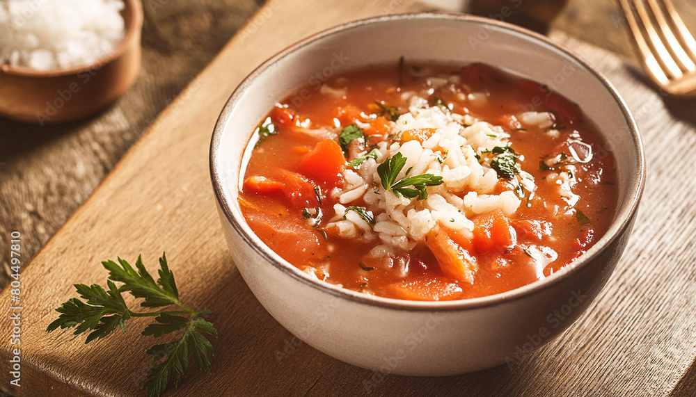 Tomato and rice soup in bowl over wooden background. Healthy eating, diet. Vegan dish. Tomato and rice soup in bowl over wooden background. Healthy eating, diet. Vegan dish.
