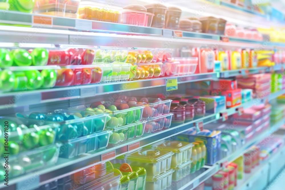A brightly lit supermarket aisle with a rainbow of brightly colored products