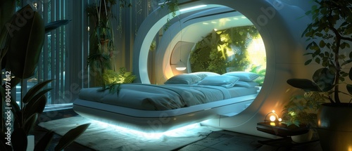 Design a futuristic bedroom that incorporates nature with technology