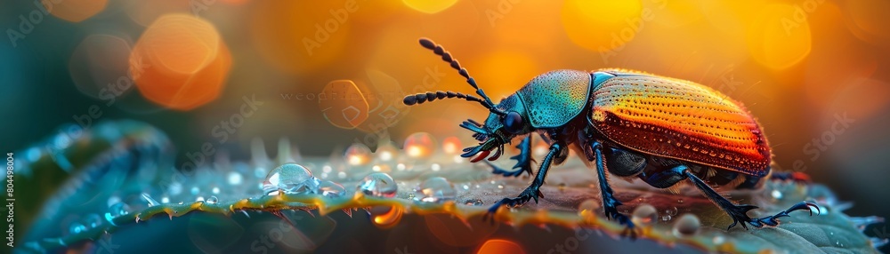 A close-up of a beetle on a green leaf, with sunlight filtering through in the background A close-up of a beetle on a green leaf, with sunlight filtering through in the background