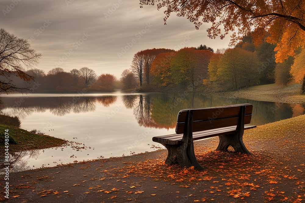 A lone bench overlooking a serene lake, surrounded by fallen leaves and the reflection of autumn trees