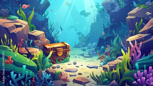 Underwater seafloor scene with treasure chest. Cartoon game background ocean underwater world with fish  algae  coral  and weed. Oceanic wildlife painting.