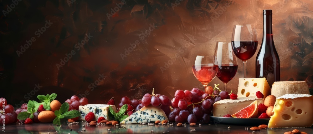 Still life with wine, cheese, fruit and nuts on a dark background.