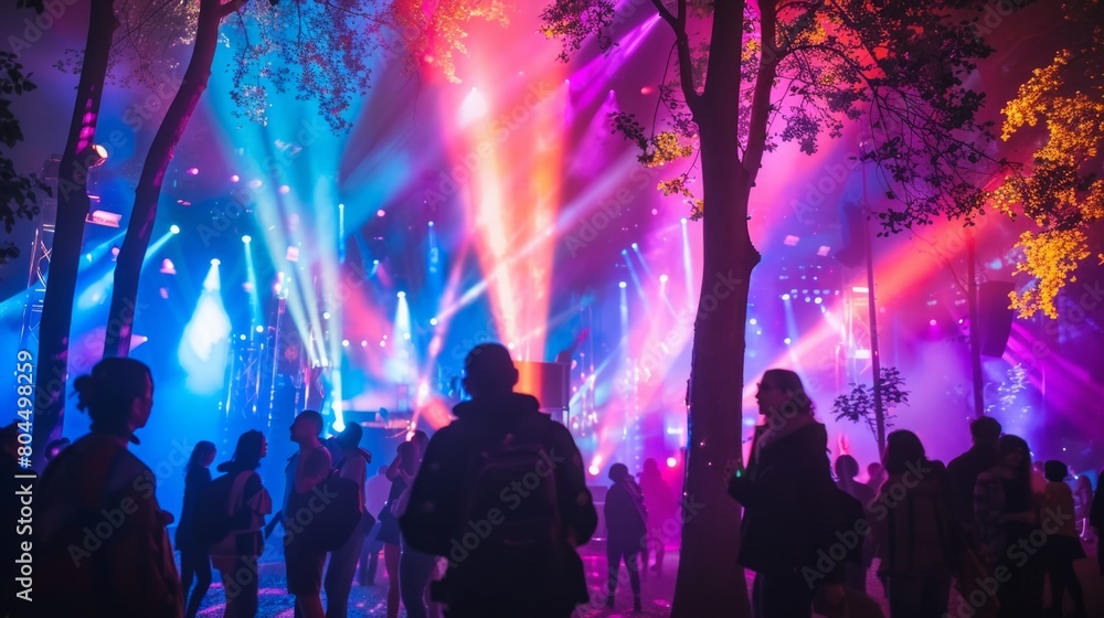 A group of people standing in a forest illuminated by numerous lights, creating a magical and enchanting atmosphere. A group of people standing in a forest illuminated by numerous lights, creating a magical and enchanting atmosphere.