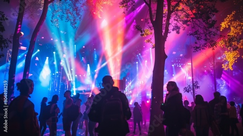 Wallpaper Mural A group of people standing in a forest illuminated by numerous lights, creating a magical and enchanting atmosphere. Torontodigital.ca