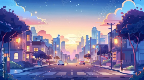 A cityscape with multistory buildings at sunset or sunrise. Cars driving into a city on an asphalt highway with streetlights. photo