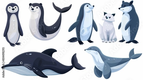 A set of four Arctic animals live on land and in water in this illustration. Modern illustration of whales  penguins  navy seals  and white fox characters.