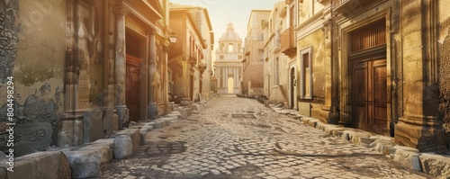 Restored view of ancient Pompeii, Italy, showing a typical street with a large public building at the end of the street