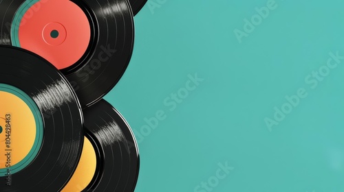 A stack of old vinyl records on a blue background. The records are black with colorful labels.