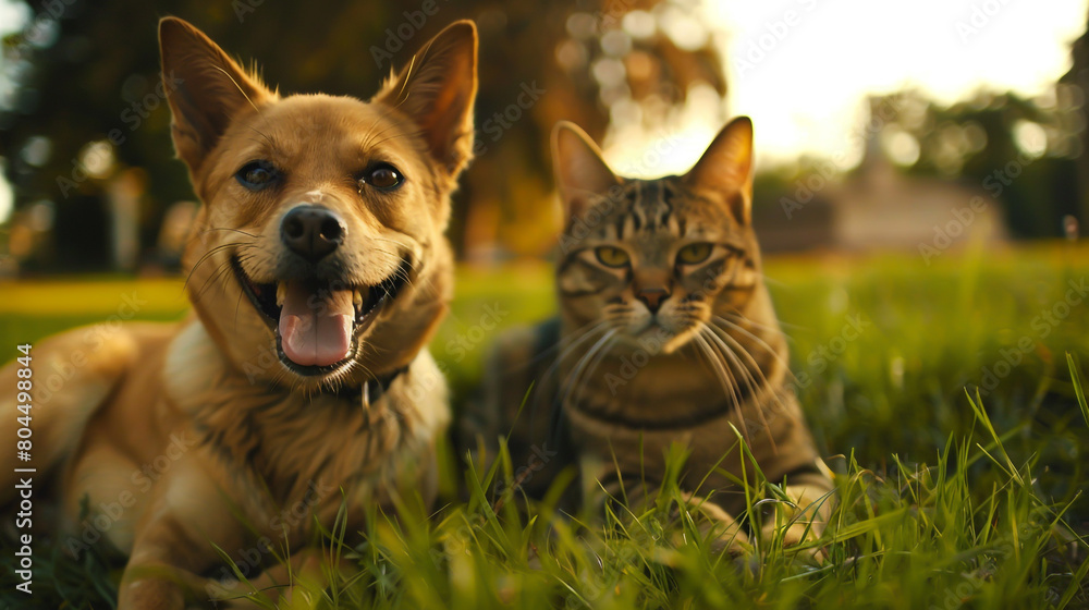 dog and cat on a grassy field smiling dog and cat on a grassy field smiling