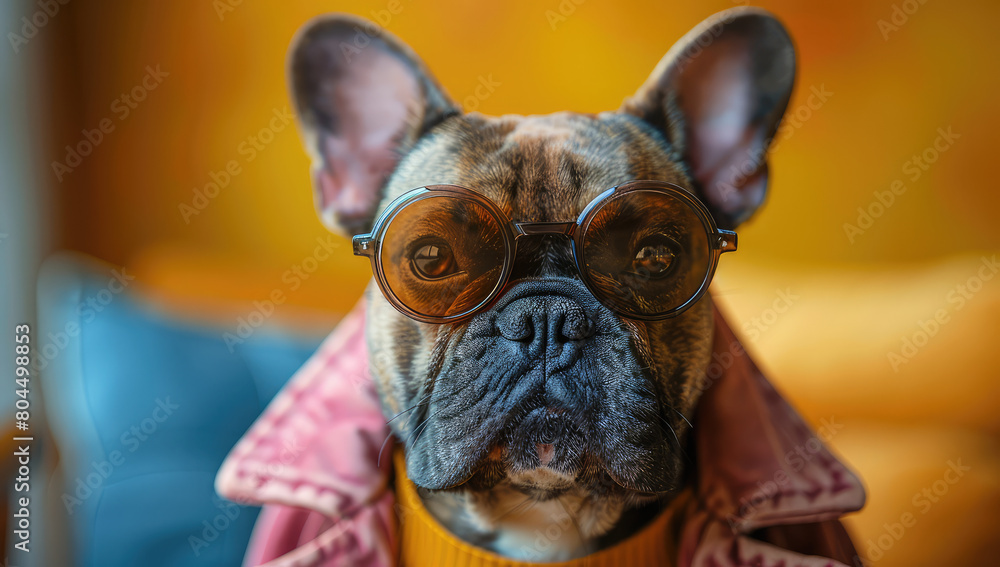  Portrait of a french bulldog wearing glasses and a pink jacket in front of an orange background. Created with Ai 