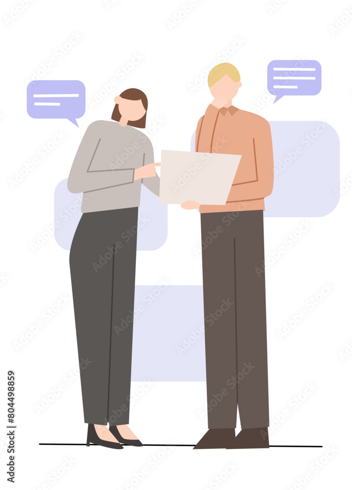 Obraz premium Two people holding laptop discussing for solving some problem at their work in business vector.