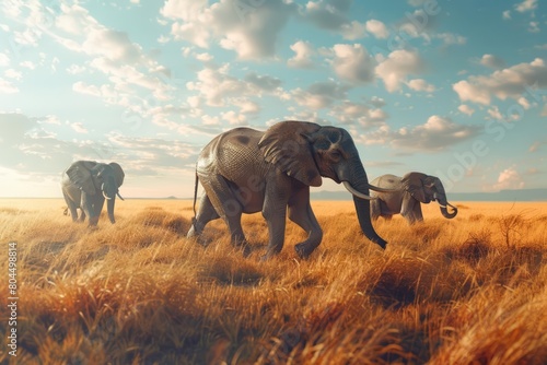 Elephants roam the vast African wilderness  their majestic presence symbolizing strength and resilience