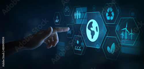 Sustainable development and green business, ecology and environment protection concept on touchscreen