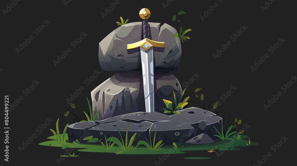 A sword stuck in stone, the excalibur weapon in the hands of Arthur King, medieval steel blade with gem stone on handle, legend or myth of Camelot, cartoon modern illustration.