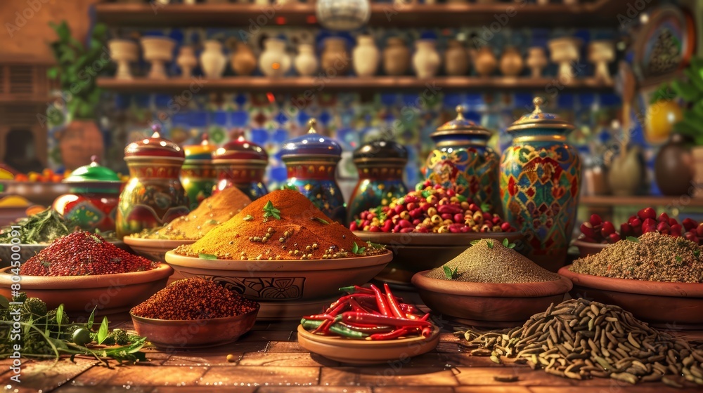 A variety of spices and herbs are on display in a Middle Eastern market