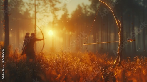 Archery bow with quiver of arrows, rustic wood texture, forest setting, twilight . Photorealistic. HD. photo