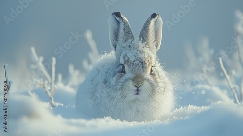 Arctic hare in winter camouflage, nearly invisible against the snow. Photorealistic. HD. © Gefo