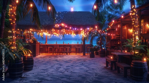Beach bar party with live music, energetic, dancing, colorful lights, tropical night. Photorealistic. HD.