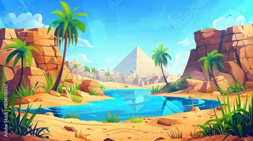 This is a modern illustration of an Egypt desert scene with palm trees and the Nile river. A sunset ray is seen in the desert in a dreamlike environment.