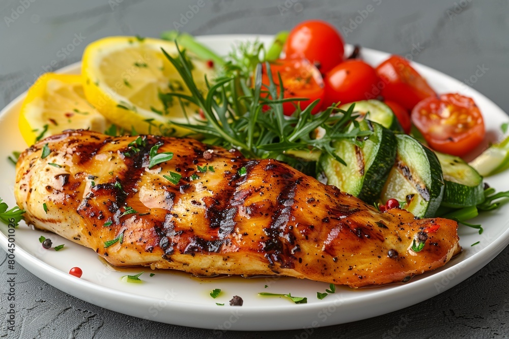 A nourishing meal served on a white plate, featuring roast turkey fillet with lemon, and a side of fresh vegetables. A nourishing meal served on a white plate, featuring roast turkey fillet with lemon, and a side of fresh vegetables.
