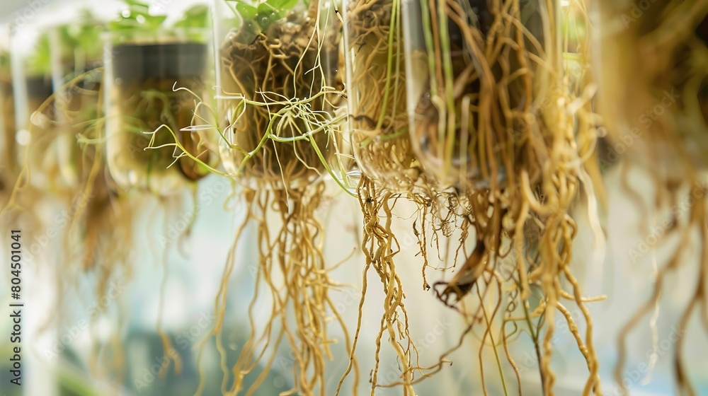 Root systems in vertical farm, close up, suspended in nutrient solution ...