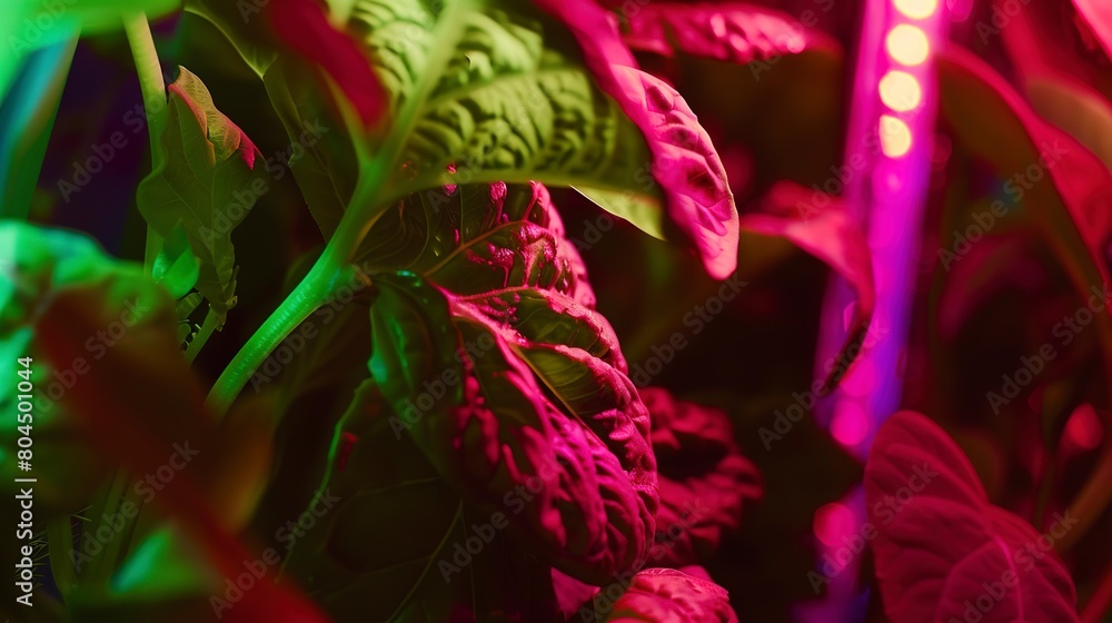LED lighting on vertical farm plants, close up, focus on light spectrum and leaf textures LED lighting on vertical farm plants, close up, focus on light spectrum and leaf textures