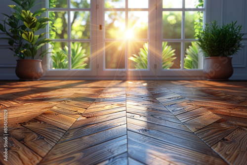 Ultrarealistic and bright scenic view of parquet flooring in a Montreal home with sunlight shining through windows. Created with Ai