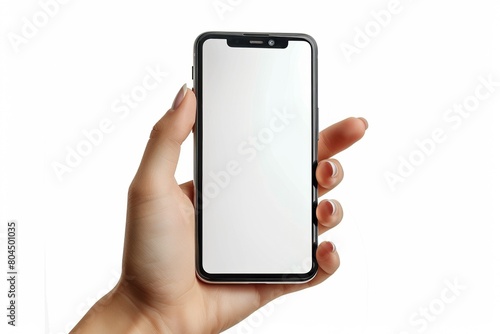 A hand holds a blank smartphone, illustrating modern communication technology against a white background.