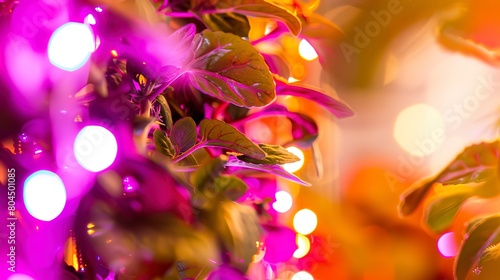 LED lighting on vertical farm plants  close up  focus on light spectrum and leaf textures