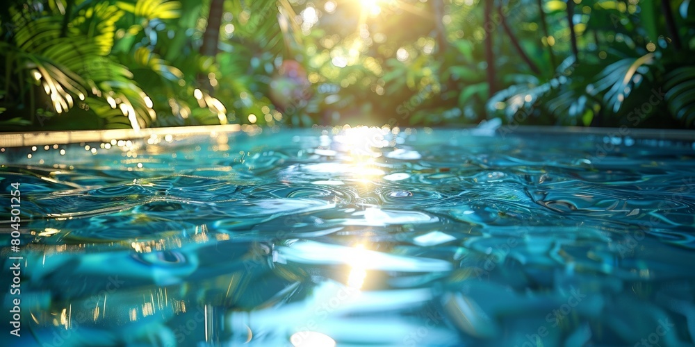 In the rainforest, a vibrant pool reflects lush greenery, inviting refreshing summer relaxation.