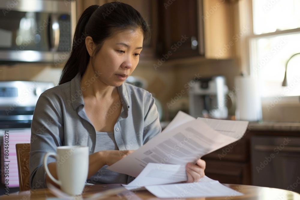 In a kitchen setting, an Asian housewife looks worried while managing household finances and bills on her laptop. In a kitchen setting, an Asian housewife looks worried while managing household finances and bills on her laptop.