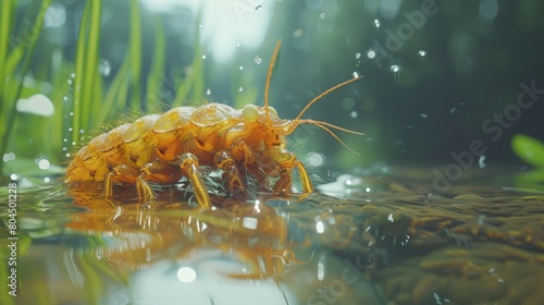 Caddisfly larvae in a stream, building cases, aquatic life. Photorealistic. HD.