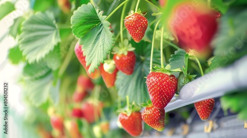 Close up of strawberries growing vertically, bright red berries against green leaves, high yield setup