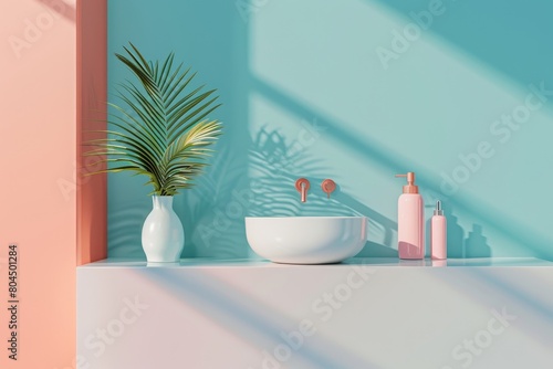 A white sink sits on a colorful wall