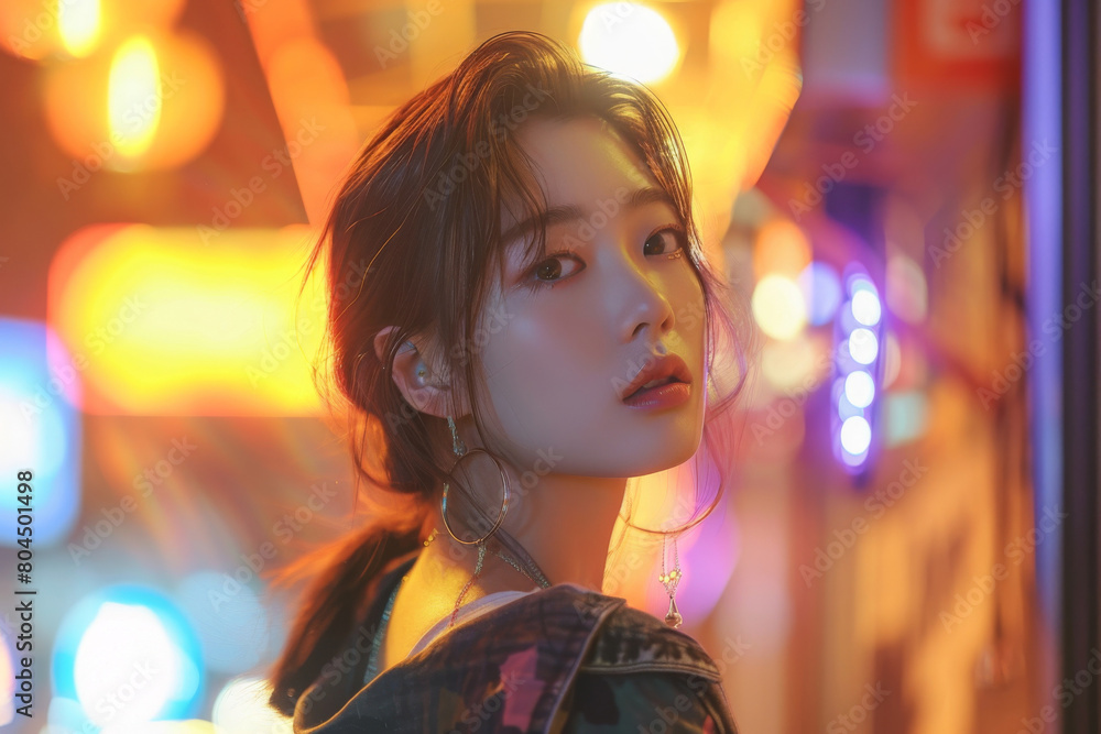 Fashionable young woman channels the vibrant k-pop aesthetic as she poses against a backdrop of striking neon city lights, embodying contemporary korean pop culture Fashionable young woman channels the vibrant k-pop aesthetic as she poses against a backdrop of striking neon city lights, embodying contemporary korean pop culture