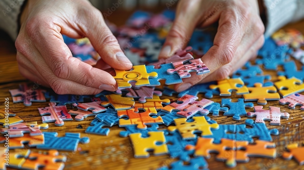 Person Placing Puzzle Piece Together Person Placing Puzzle Piece Together