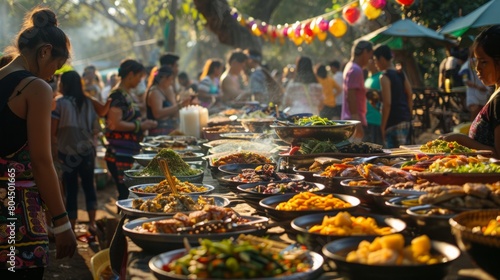 Various individuals are gathered around a table loaded with a spread of food, engaging in conversation and possibly preparing to eat.