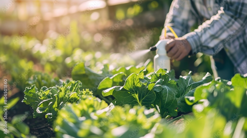 Farmer applying organic pest repellent to vegetables, close up, focus on spray bottle and plants Farmer applying organic pest repellent to vegetables, close up, focus on spray bottle and plants