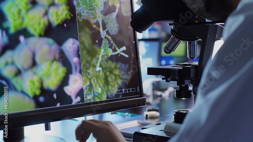 Technician using digital microscope to analyze plant disease, close up on screen showing pathogens  photo