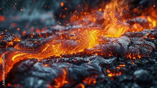 Close-up of lava cooling and crystallizing, the birth of new rock. Photorealistic. HD.