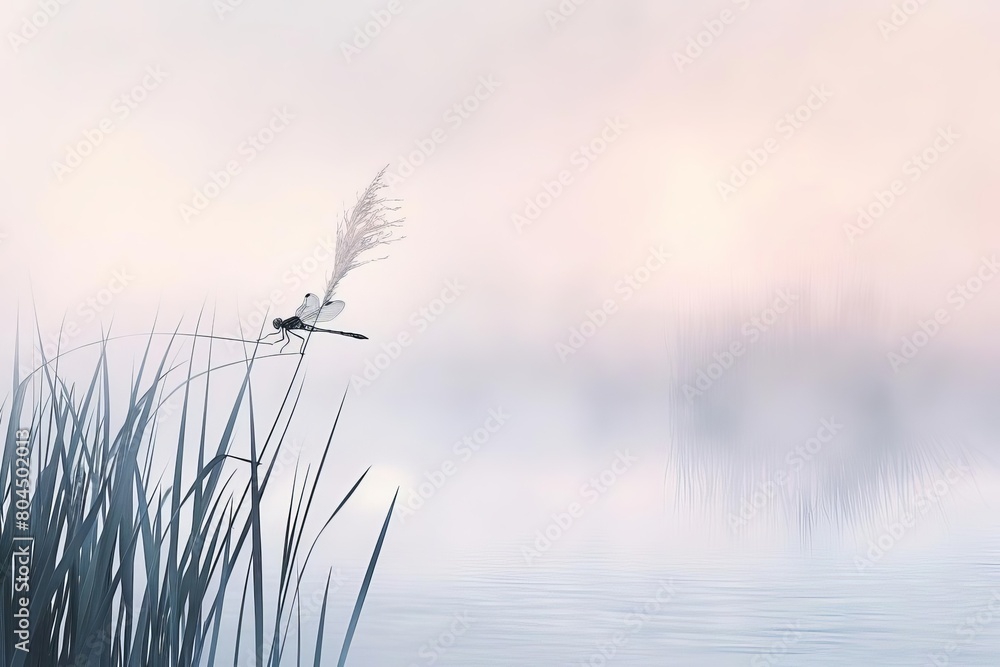 Obraz premium A serene still of a dragonfly perched on a reed by a foggy lake at dawn, rule of thirds, soft pastel colors, high detail, surrealistic style