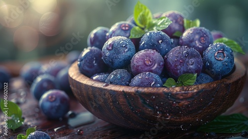 Colorful acai berries in a wooden bowl, superfood. Photorealistic. HD.