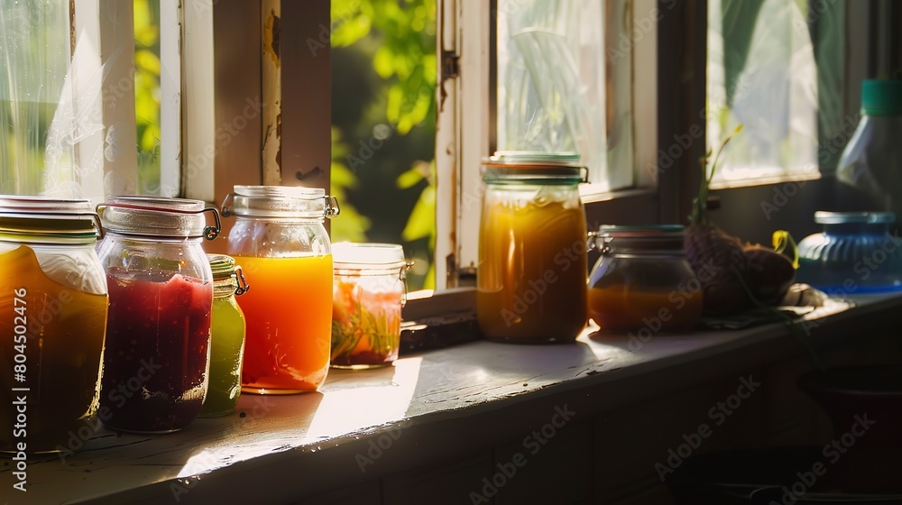 Homemade preserves cooling on kitchen window sill, close up, vibrant colors, rural tradition Homemade preserves cooling on kitchen window sill, close up, vibrant colors, rural tradition