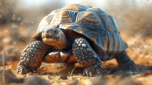 Desert tortoise in arid landscape, slow movement, enduring. Photorealistic. HD. photo
